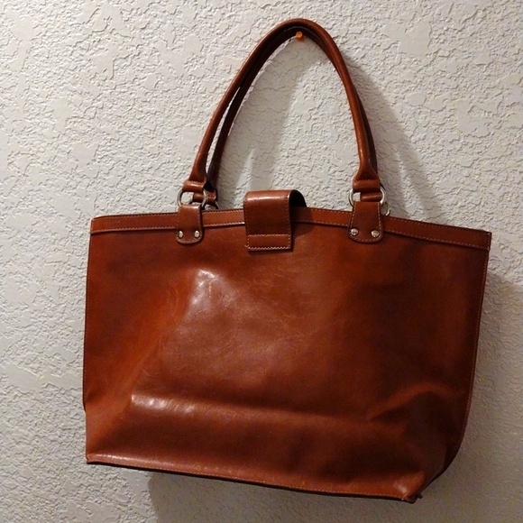 EMILIE M. BROWN FAUX LEATHER ZIPPERED and CLOTH HANDBAG - Picture 2 of 9